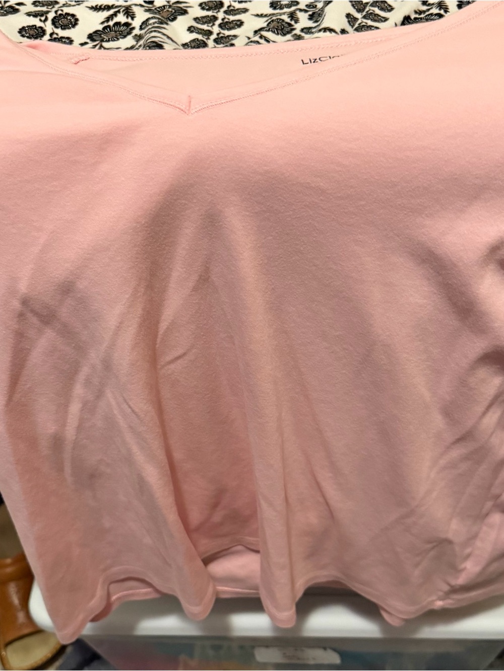 Liz Claiborne Women's V-Neck long Sleeve T-Shirt in a light pink color.